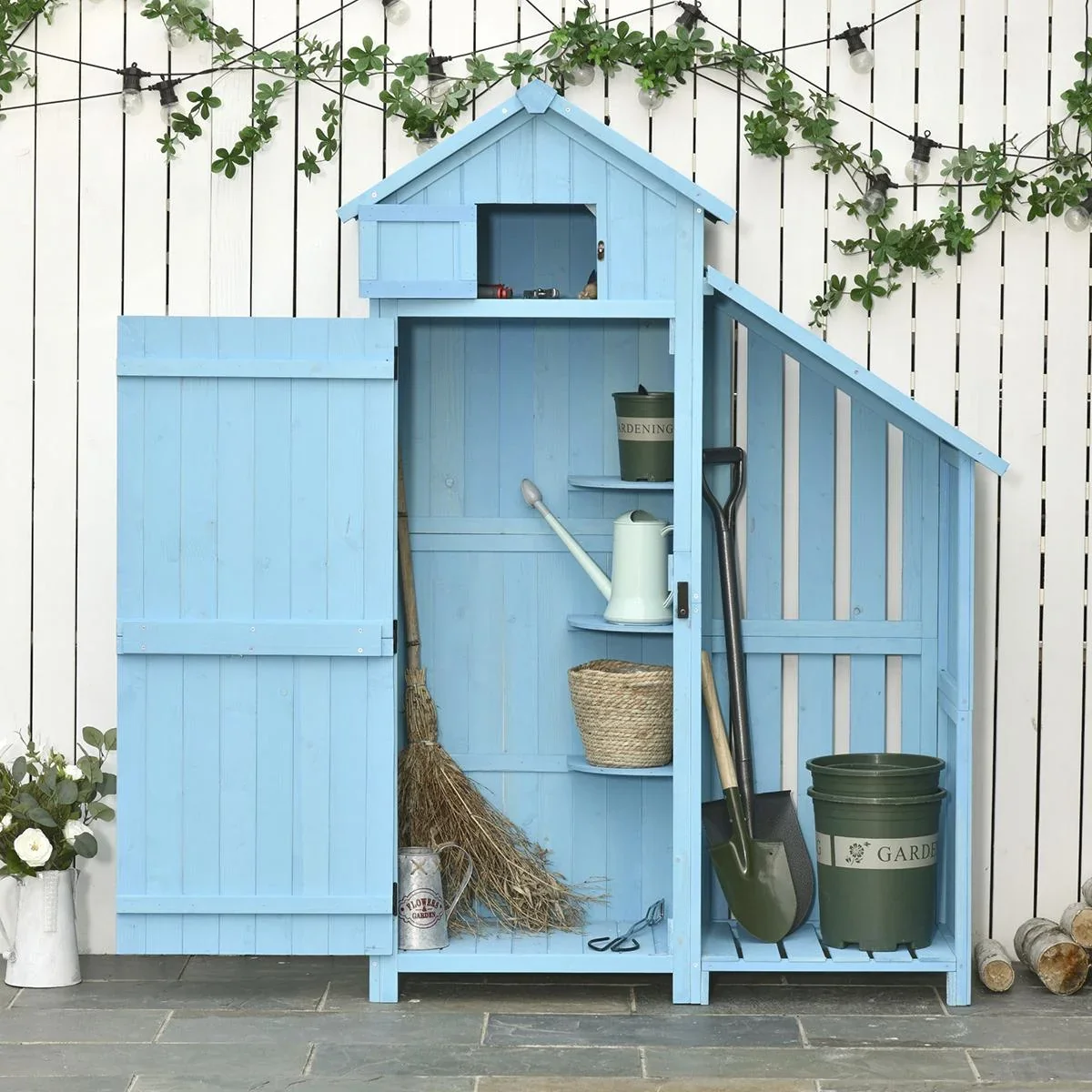 Gartenhaus Gerätehaus Geräteschuppen mit Brennholzlagerraum Geräteschuppen mit 3 Ablagen Asphaltdach Tannenholz Himmelbl - 1