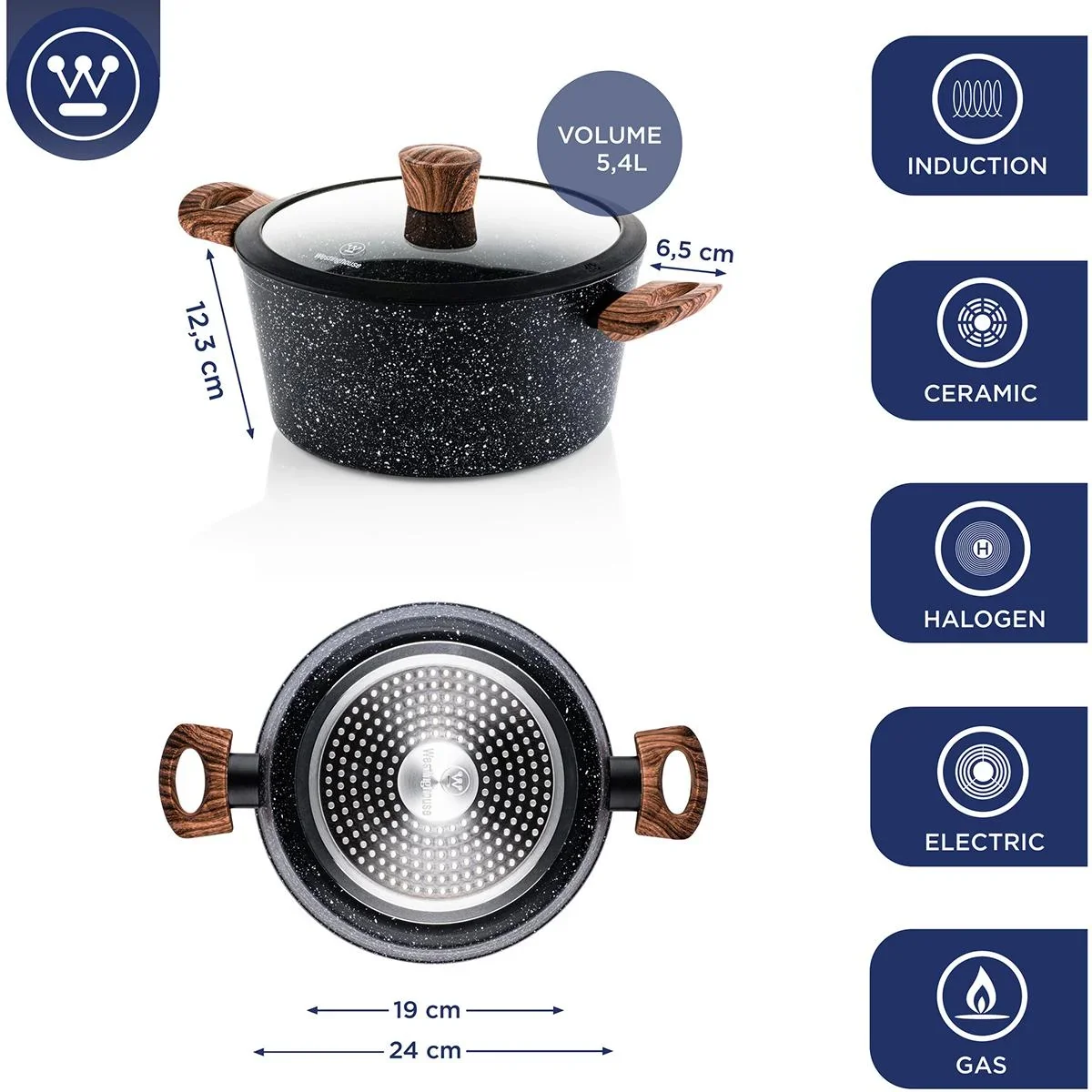 Kasserolle 24 cm Schwarzer Marmor Holz - 0