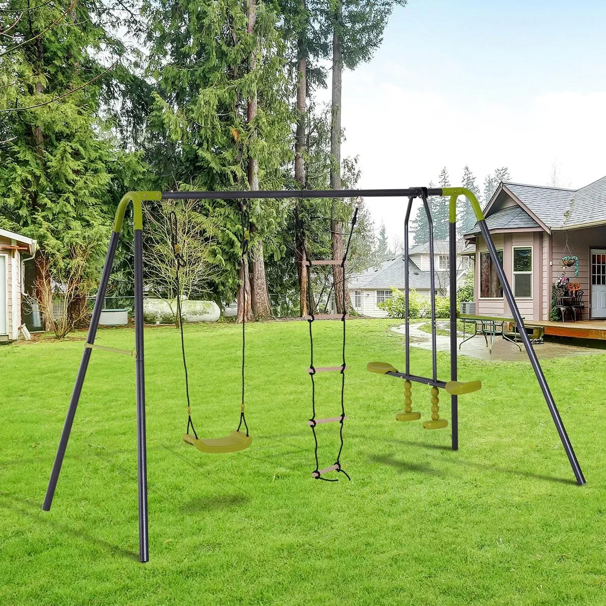 Kinder Gartenschaukel mit Wippe und Seilleiter schwarz/hellgrün - 3