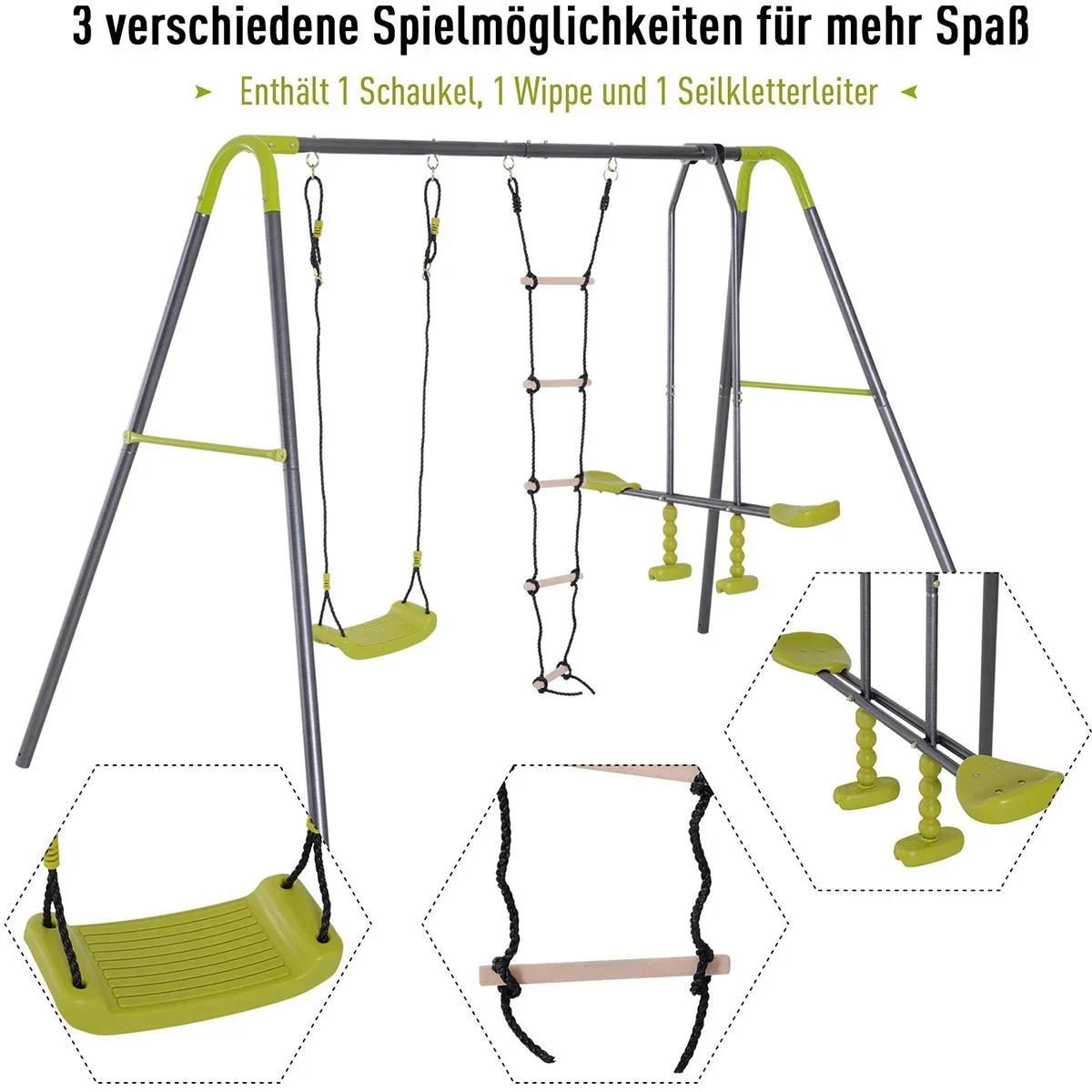 Kinder Gartenschaukel mit Wippe und Seilleiter schwarz/hellgrün - 7
