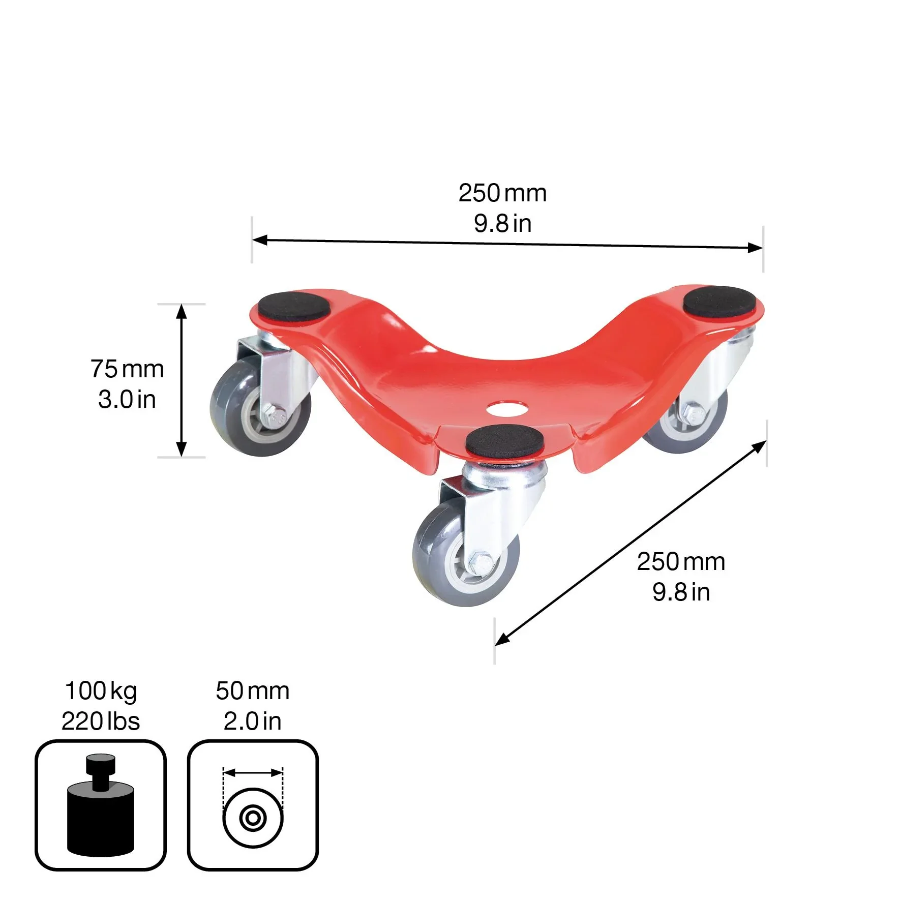 Transporthilfe MM 1196, 25 x 25 x 7,5 mm, softe Rollen Ø 50 mm, Stahl beschichtet, rot, Tragkraft 100 kg - 1
