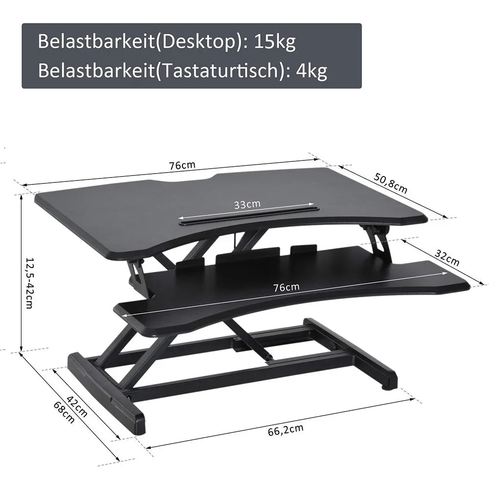 Höhenverstellbar Sitz-Steh-Schreibtisch Stehschreibtisch Schwarz L76 x B68 x H(12,5-42) cm - 2