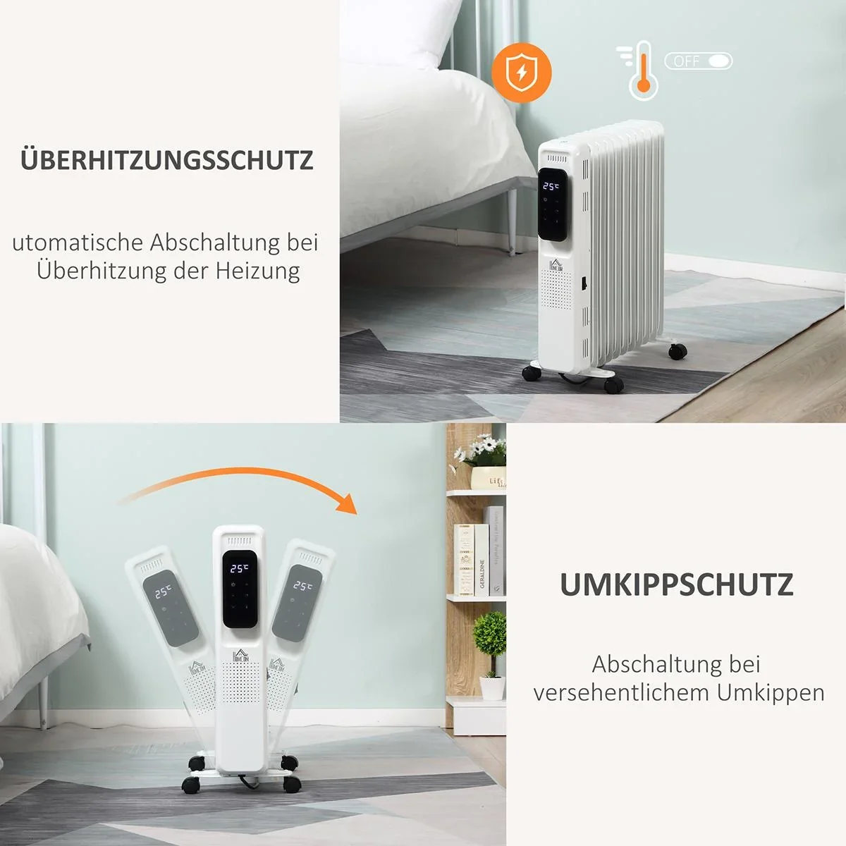 Ölradiator tragbar elektrisch Heizkörper 2290-2720W 3 Heizstufen 24-Stunden-Timing mit 4 Rollen Stahl 50,5 x 24 x 63 cm - 0