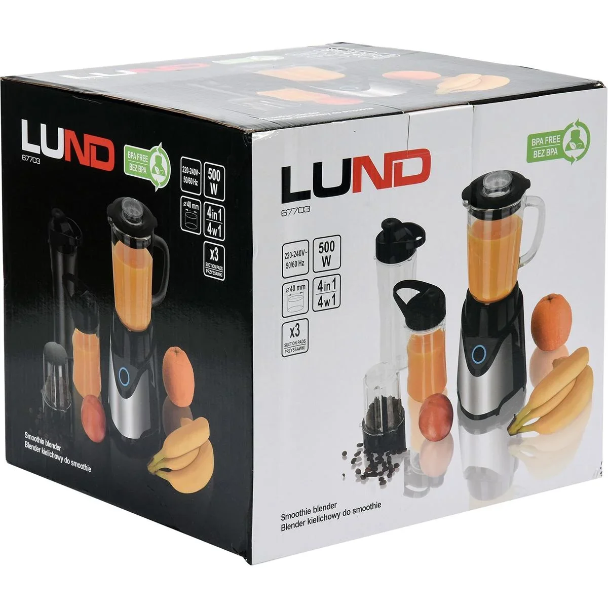 LUND Smoothie Mixer - 500W - 240V - 14x14x34,5cm (Länge x Breite x Höhe) mit 2 Flaschen - 1