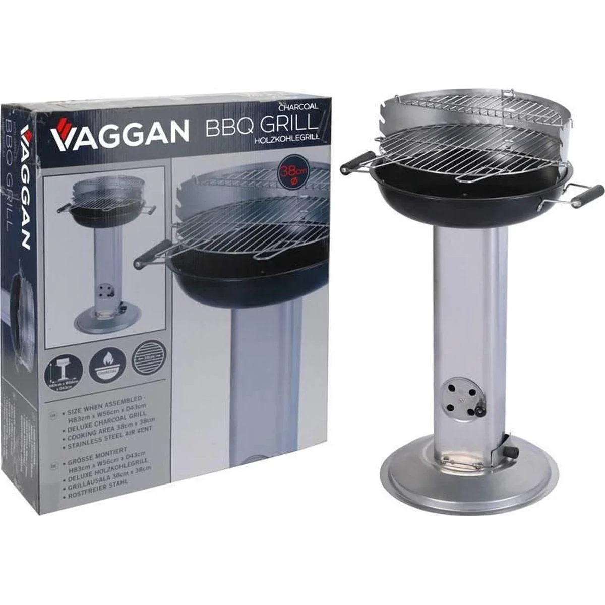 Vargan Edelstahl Luxus-Holzkohlegrill mit Gestell - 83 cm - 38x38 cm Grillfläche - 1
