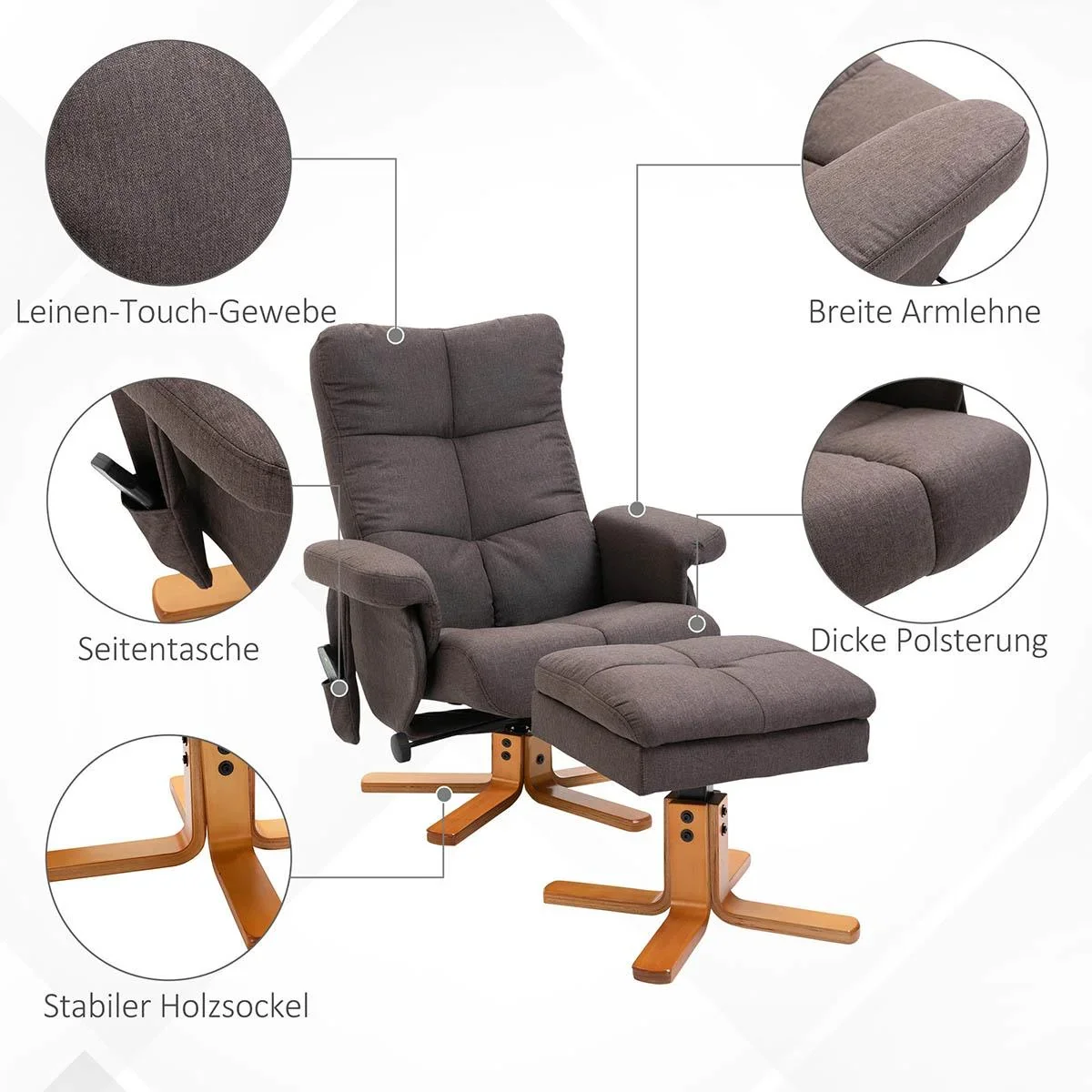 Massagesessel mit Fußhocker Relaxsessel Fernsehsessel TV Sessel 145°-Neigung Polyester Braun 80 x 86 x 99 cm - 0