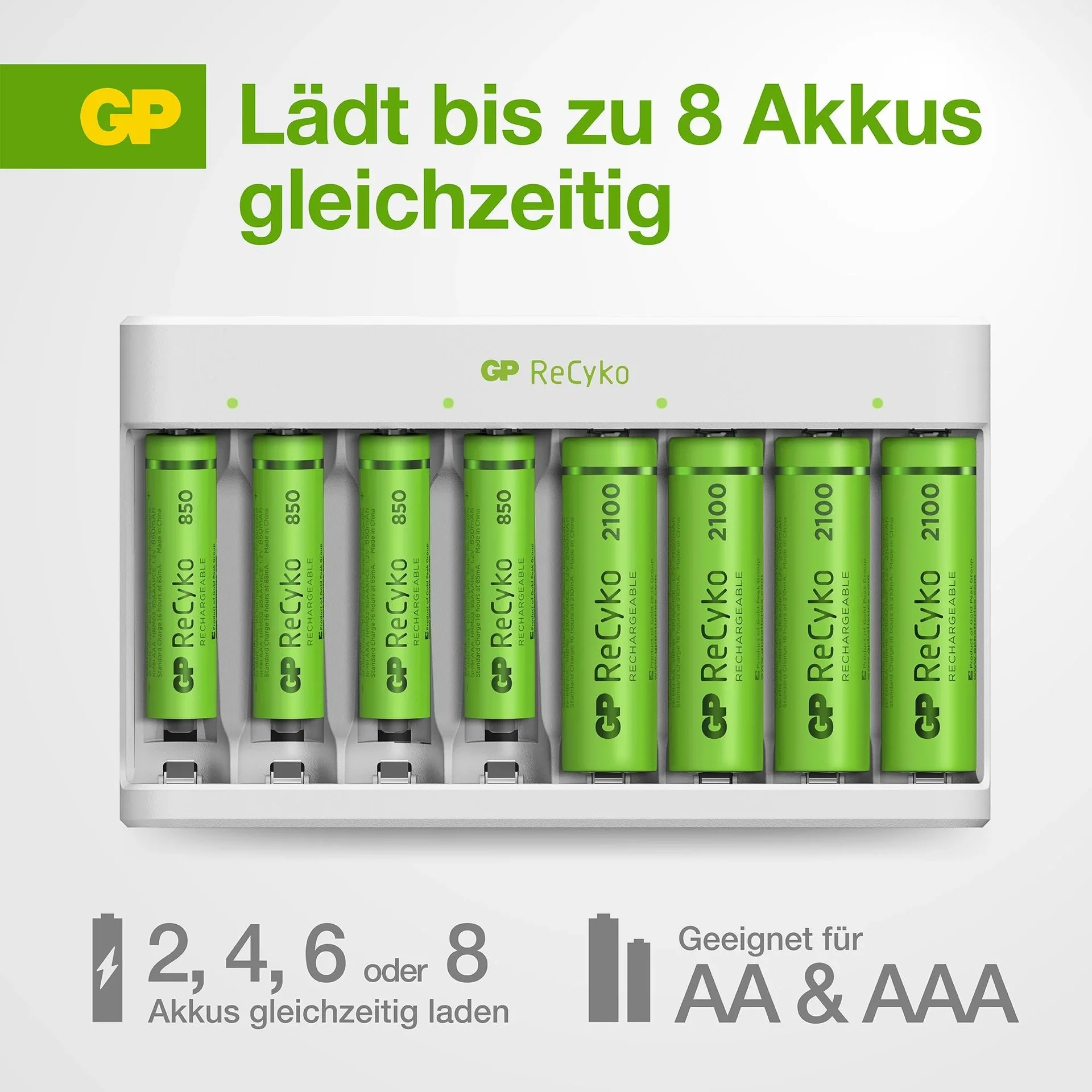 USB Ladegerät für 8 AA/AAA NiMH Akkus inkl. 4 ReCyko Mignon Akkus 2100 mAh + 4 ReCyko Micro Akkus 850 mAh - 1