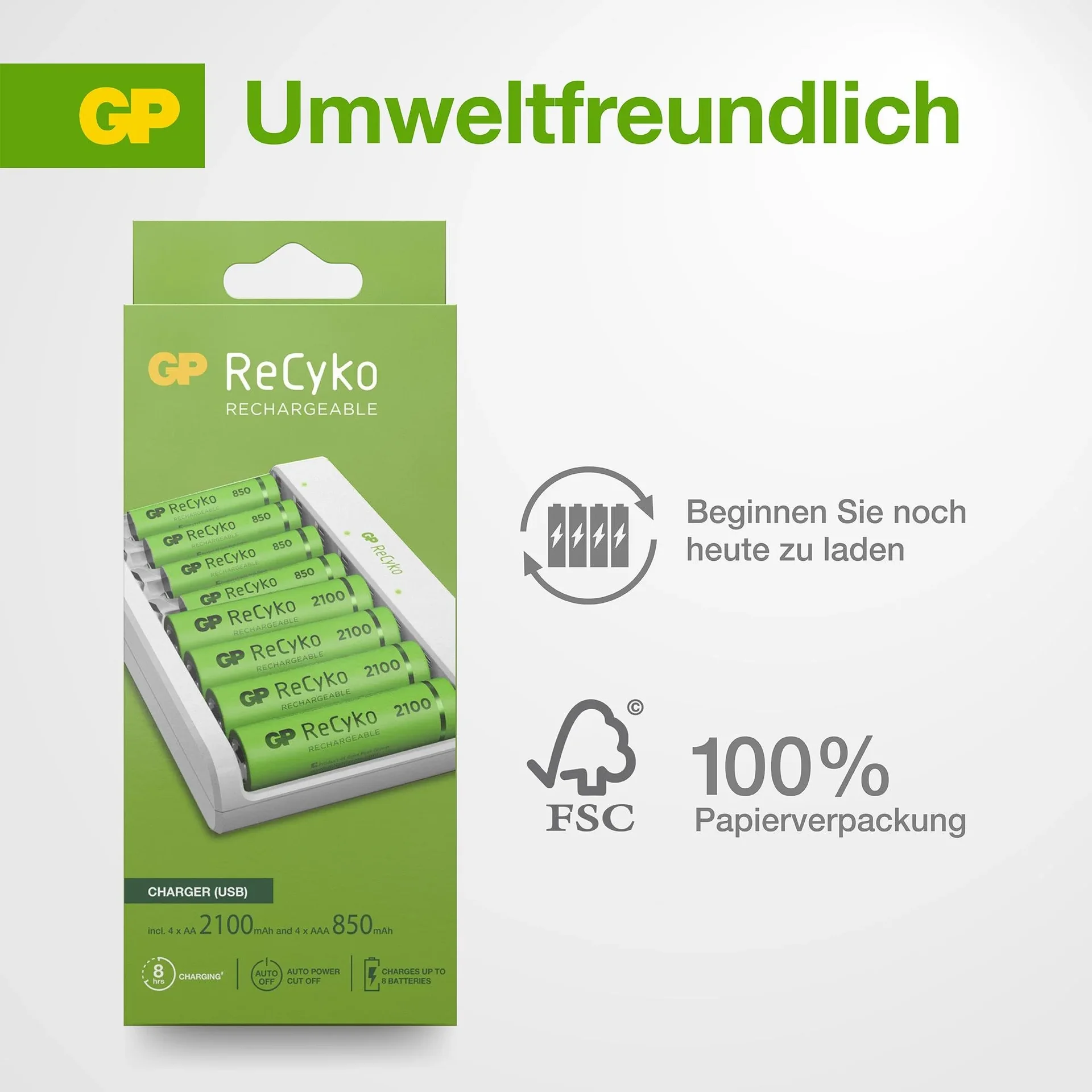 USB Ladegerät für 8 AA/AAA NiMH Akkus inkl. 4 ReCyko Mignon Akkus 2100 mAh + 4 ReCyko Micro Akkus 850 mAh - 4