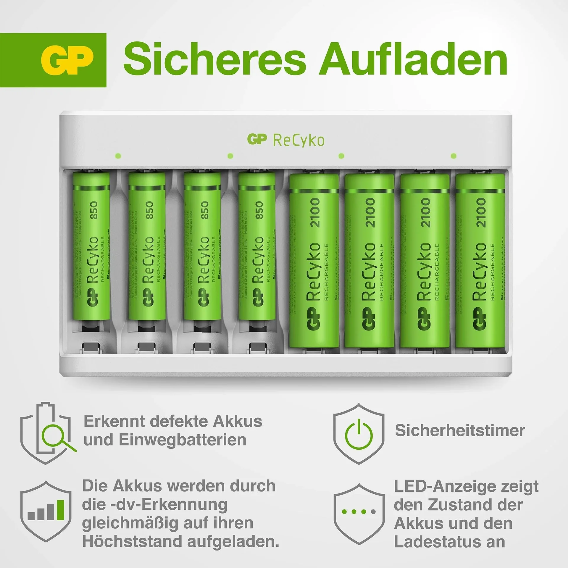USB Ladegerät für 8 AA/AAA NiMH Akkus inkl. 4 ReCyko Mignon Akkus 2100 mAh + 4 ReCyko Micro Akkus 850 mAh - 5