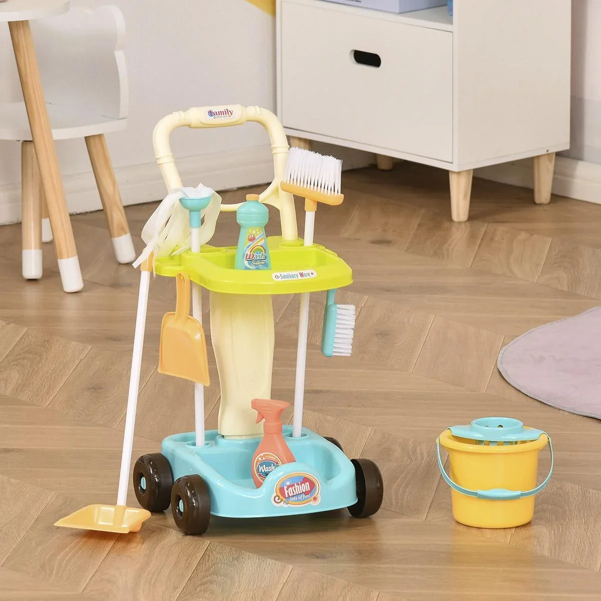 Besenwagen Putzwagen mit Zubehör Putzset für Kinder Rollenspiel Reinigungsspielzeug 17 Stück mit Besen Mopp Kehrschaufel - 0