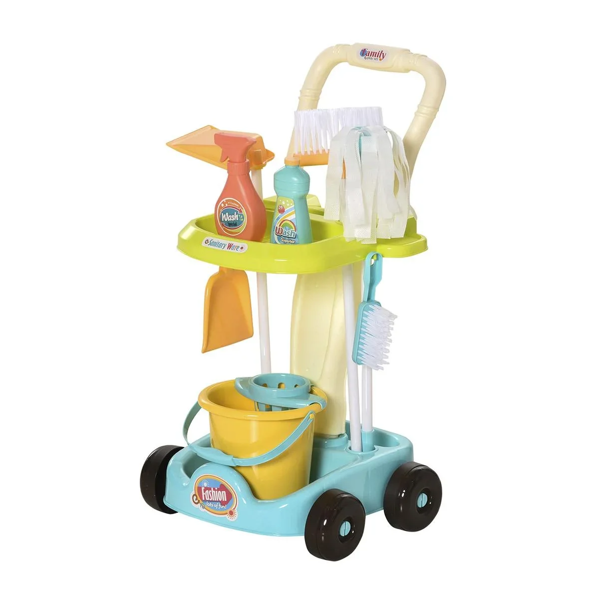 Besenwagen Putzwagen mit Zubehör Putzset für Kinder Rollenspiel Reinigungsspielzeug 17 Stück mit Besen Mopp Kehrschaufel - 1