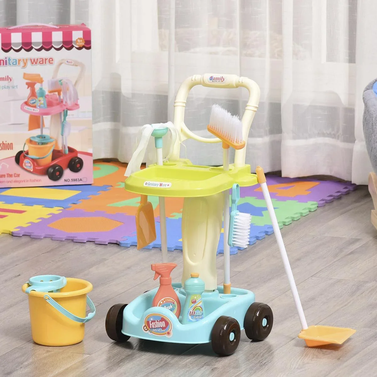 Besenwagen Putzwagen mit Zubehör Putzset für Kinder Rollenspiel Reinigungsspielzeug 17 Stück mit Besen Mopp Kehrschaufel - 2