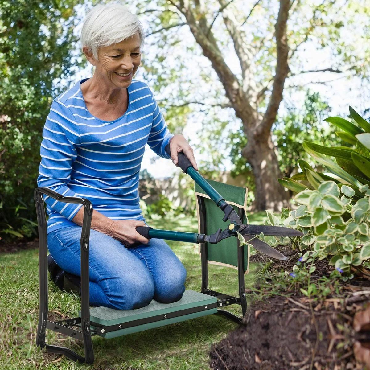 Gartenhocker mit Werkzeugtasche grün - 1
