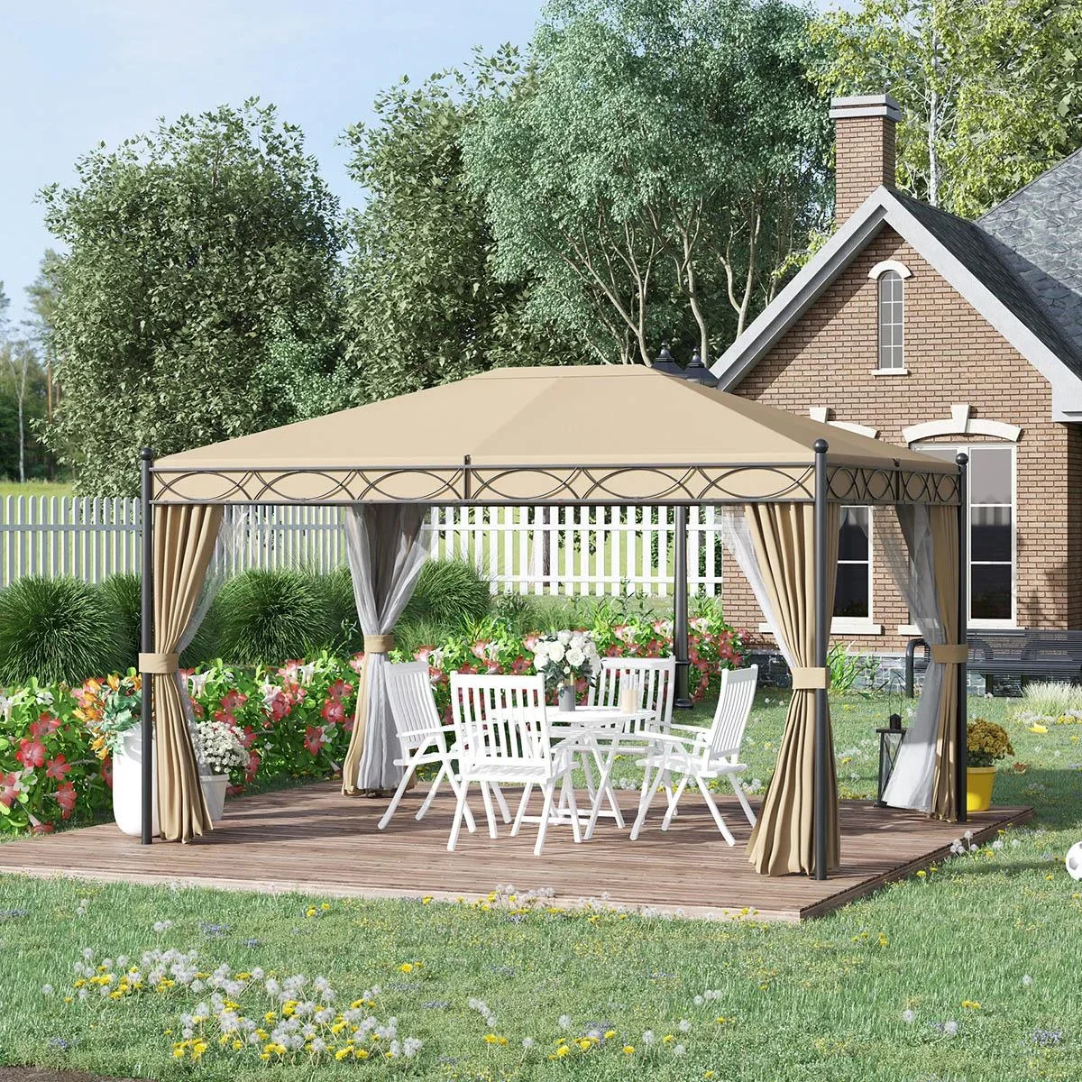 Pavillon mit Seitenwänden und Moskitonetz, Beige, 4 x 3 m - 0