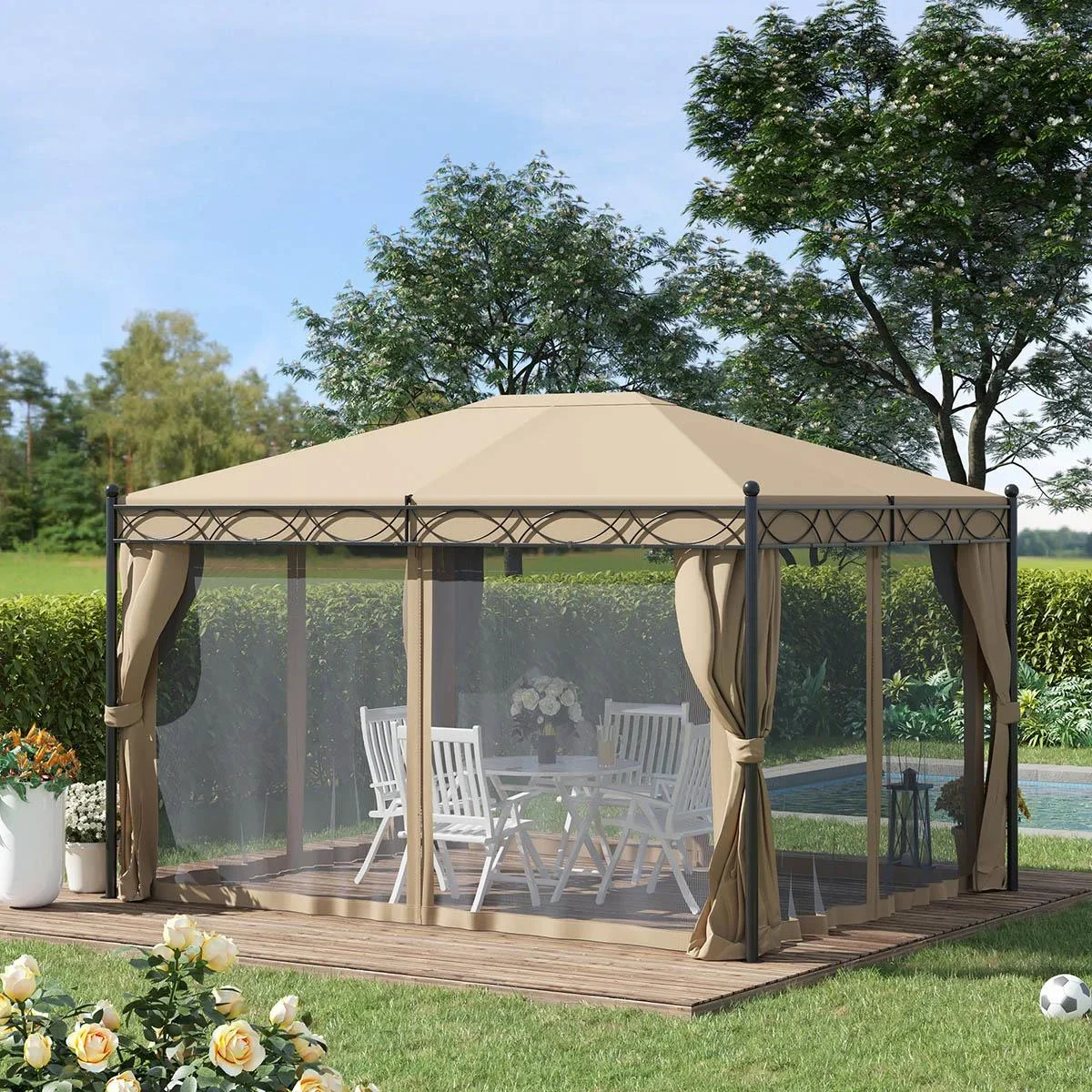 Pavillon mit Seitenwänden und Moskitonetz, Beige, 4 x 3 m - 3
