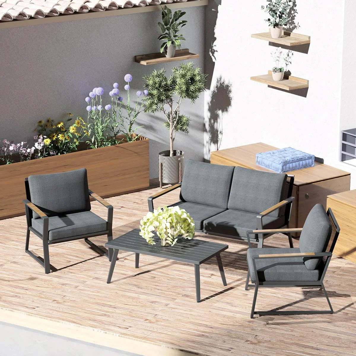 4-teiliges Gartenmöbel-Set mit Sofa, Stühlen und Beistelltisch dunkelgrau - 0