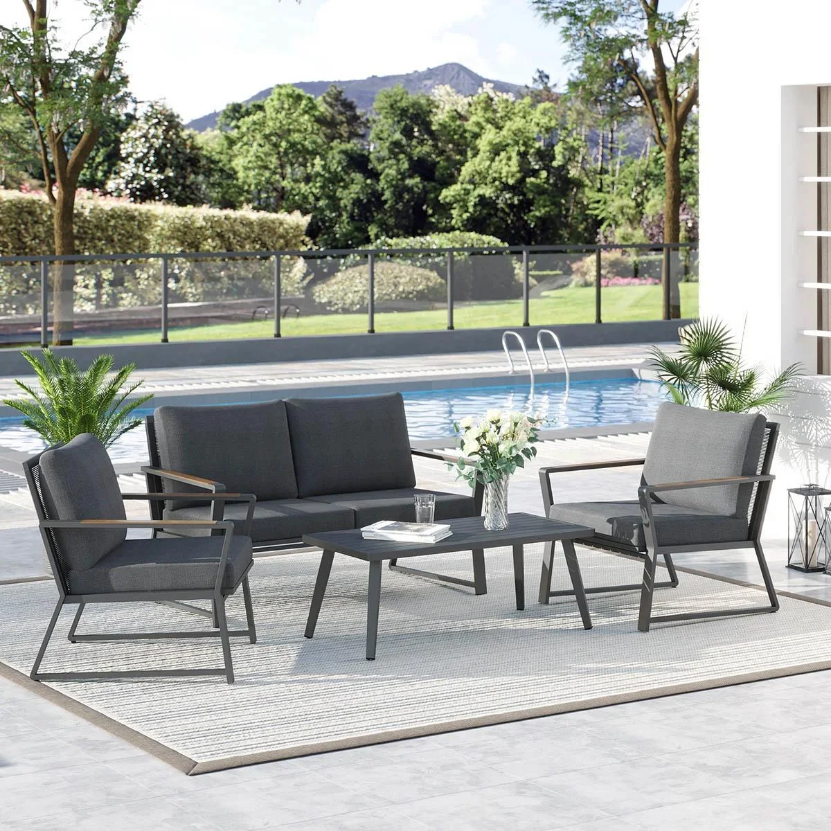 4-teiliges Gartenmöbel-Set mit Sofa, Stühlen und Beistelltisch dunkelgrau - 3