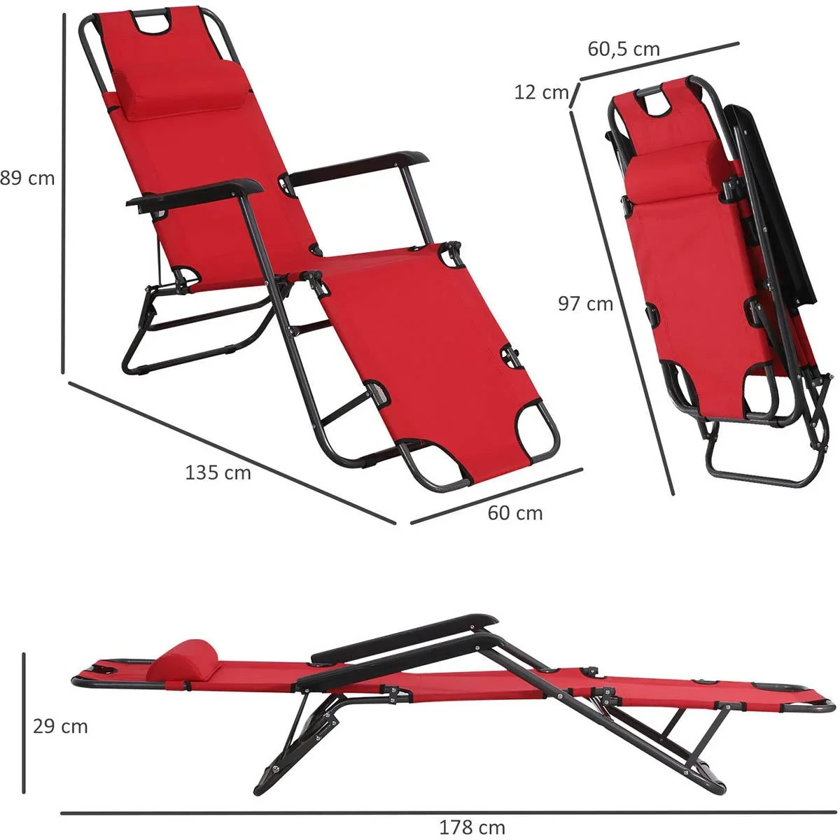 Sonnenliege mit Kissen, Klappbare Strandliege, 2-Stufige Gartenliege , 2-in-1 Relaxliege, Metall + Oxfordstoff, Rot 135 - 1