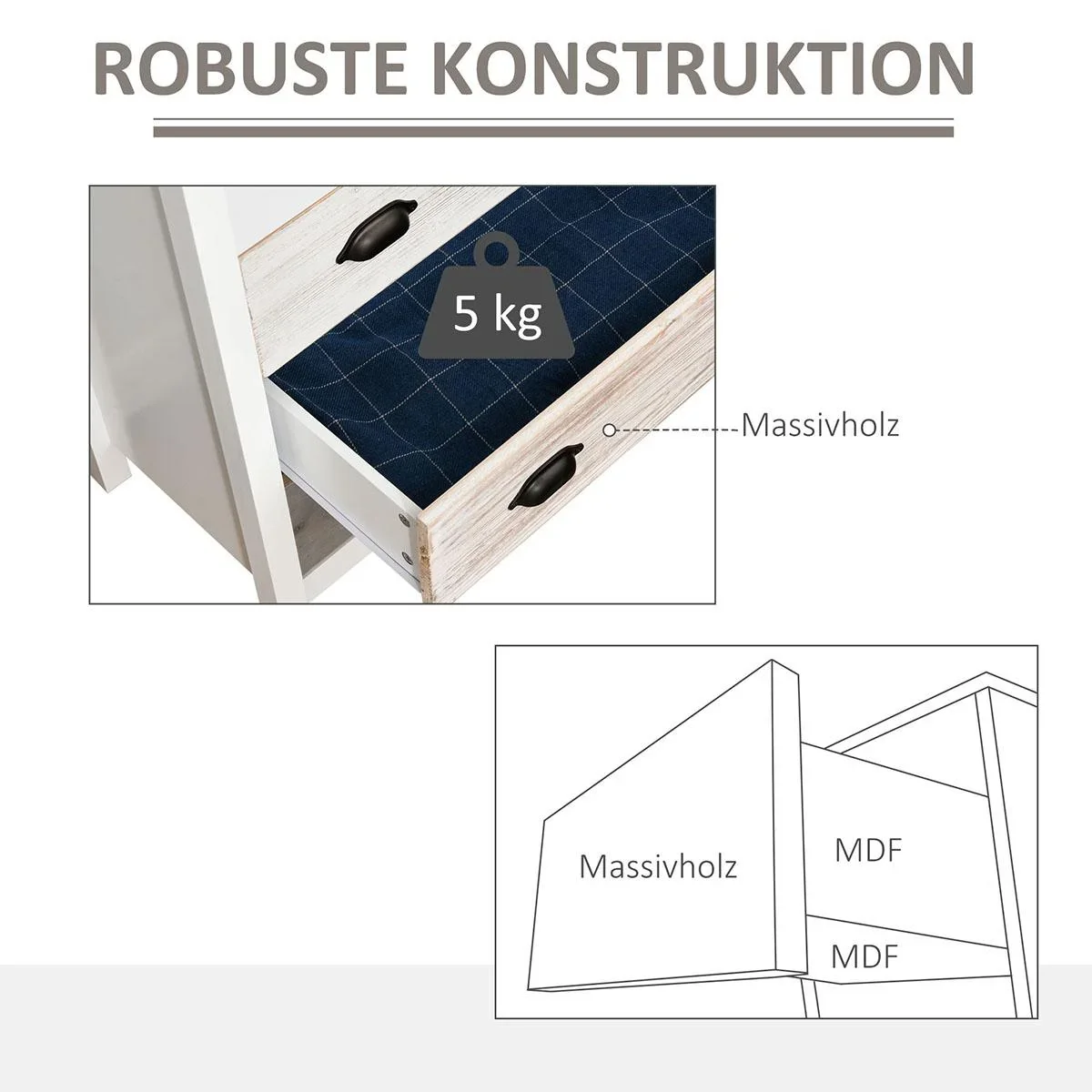 Schubladenschrank Beistellschrank mit 5 Schubladen Kommode MDF Tannenholz 70 x 38 x 85 cm - 0