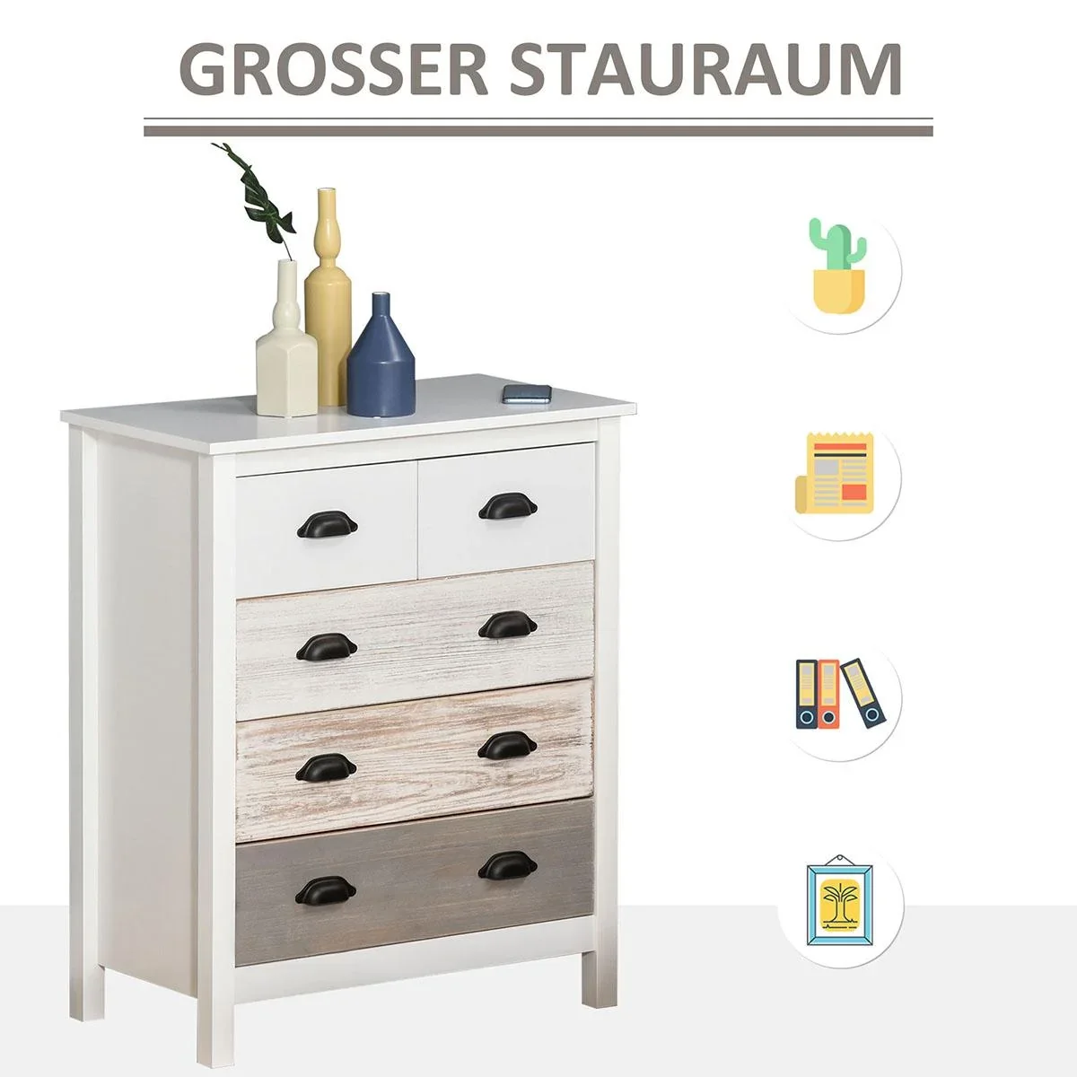 Schubladenschrank Beistellschrank mit 5 Schubladen Kommode MDF Tannenholz 70 x 38 x 85 cm - 2