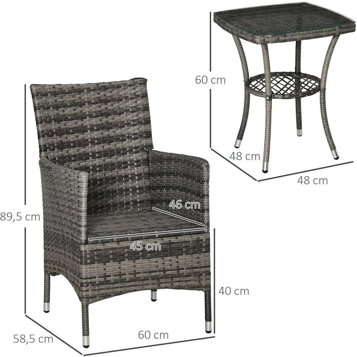 3-tlg. Garten-Set mit Beistelltisch, Polyrattan, Stahl, 60 x 58,5 x 89,5 cm, Grau - 1