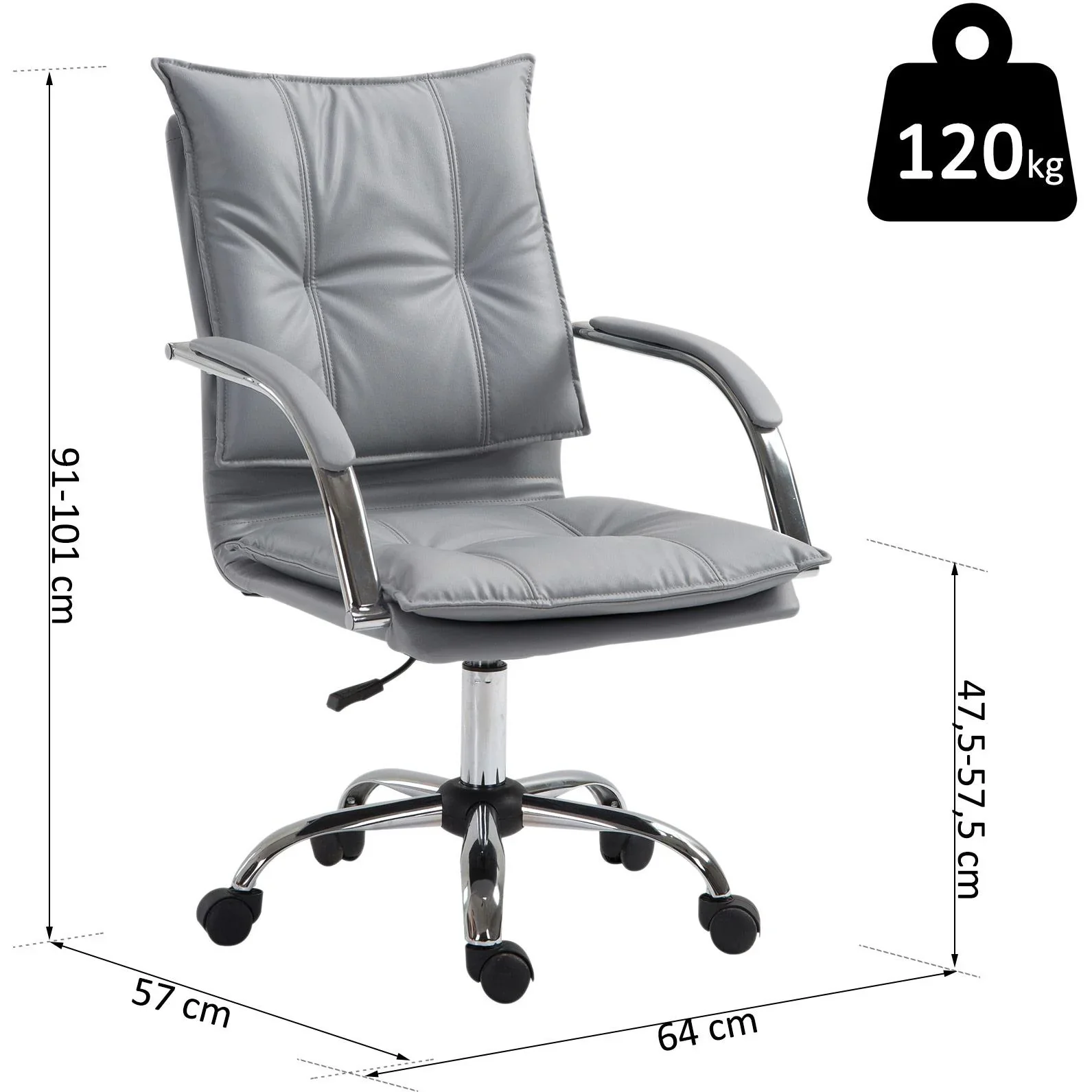 Bürostuhl Drehstuhl höhenverstellbar rollbar ergonomisch PU grau 64 x 57 x (91 101) cm - 2