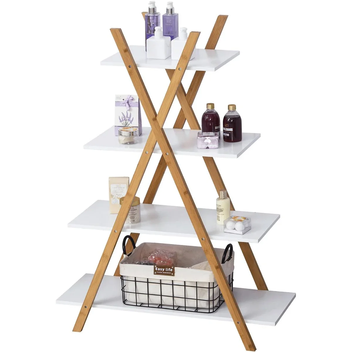 Badregal, 4 Ebenen Treppenregal, Leiterregal, Badezimmer, Bambus, Natur+Weiß, 80 x 33 x 109 cm - 0