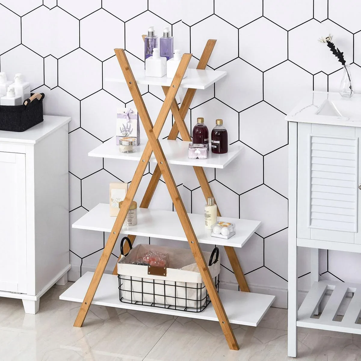 Badregal, 4 Ebenen Treppenregal, Leiterregal, Badezimmer, Bambus, Natur+Weiß, 80 x 33 x 109 cm - 1