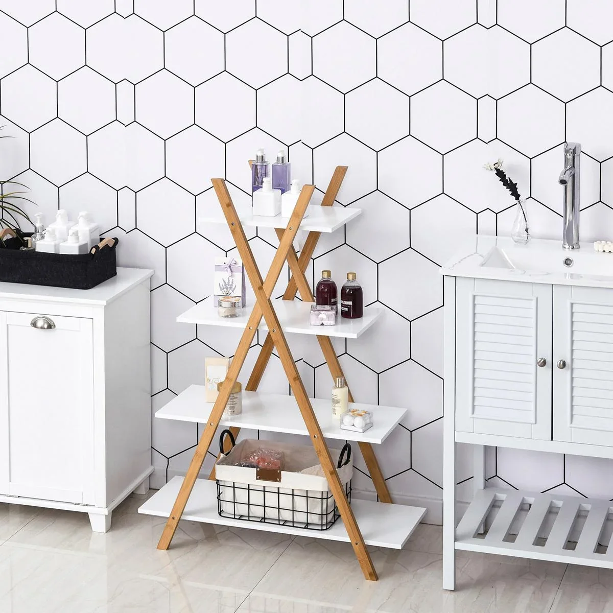 Badregal, 4 Ebenen Treppenregal, Leiterregal, Badezimmer, Bambus, Natur+Weiß, 80 x 33 x 109 cm - 2