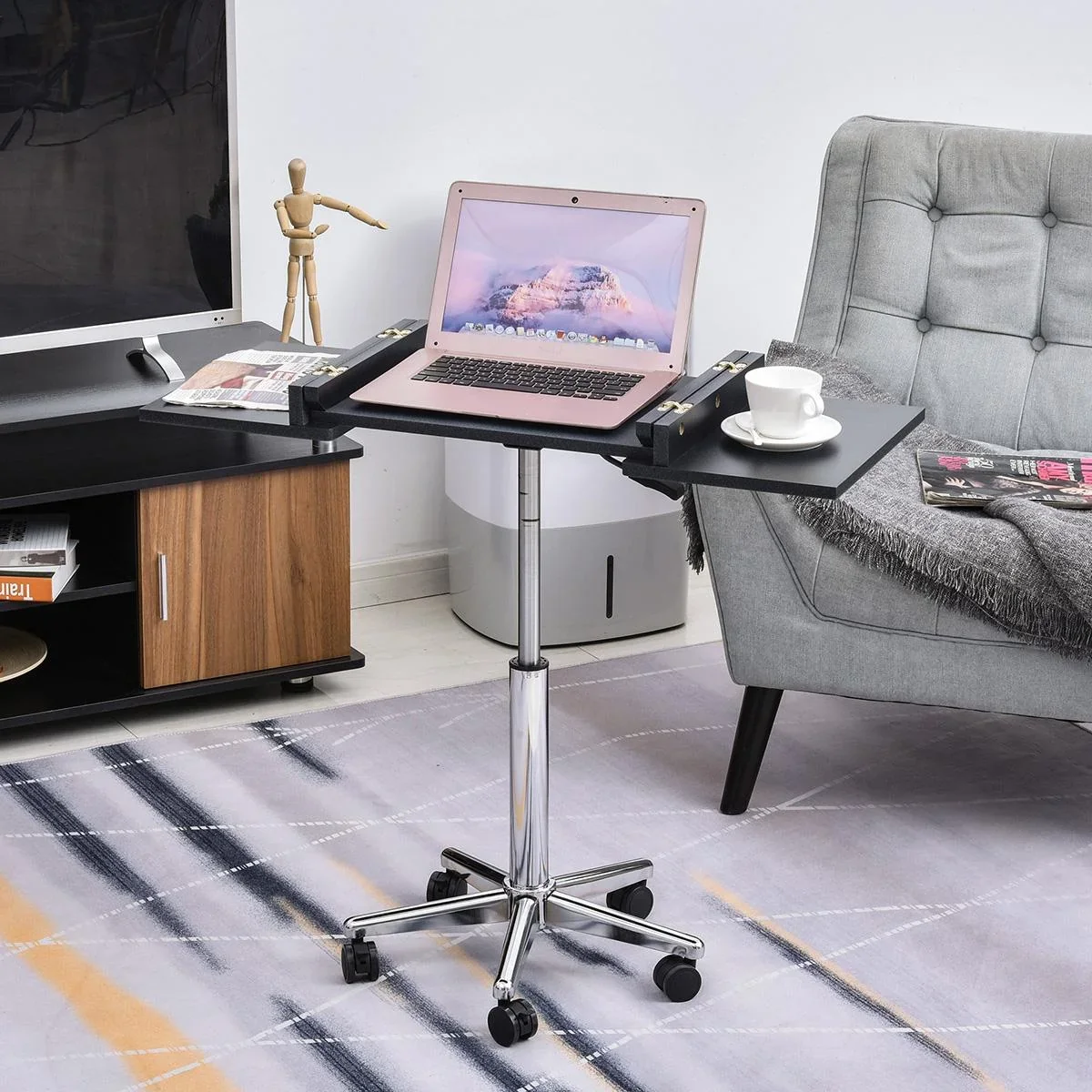 Laptoptisch Laptop Ständer Notebooktisch mit Rollen höhenverstellbar klappbar Computer Tablet Stahl + MDF Schwarz 90,5 x - 0