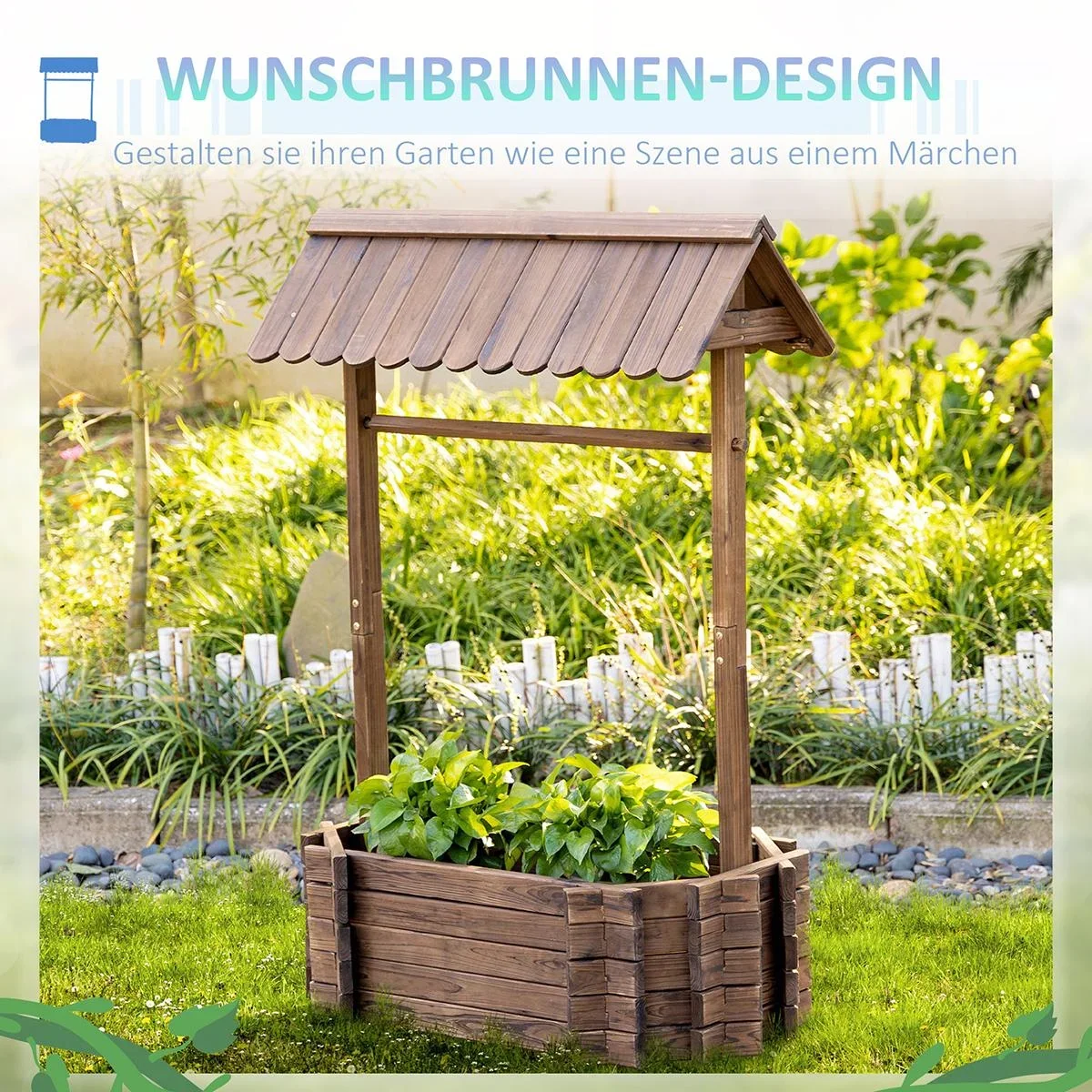 Hochbeet Holzbrunnen mit Dach Blum - 1