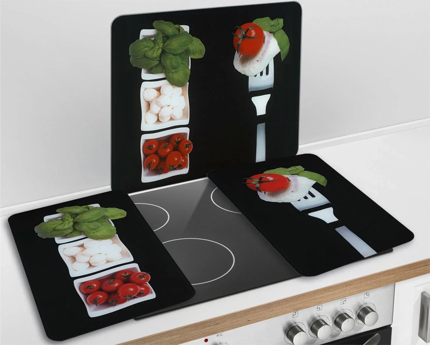 3 in 1 Herd-Abdeckplatten, Schneidbretter, Arbeitsplatten, Glas, Caprese-Design, je 52 x 30 cm, 2er-Set - 0