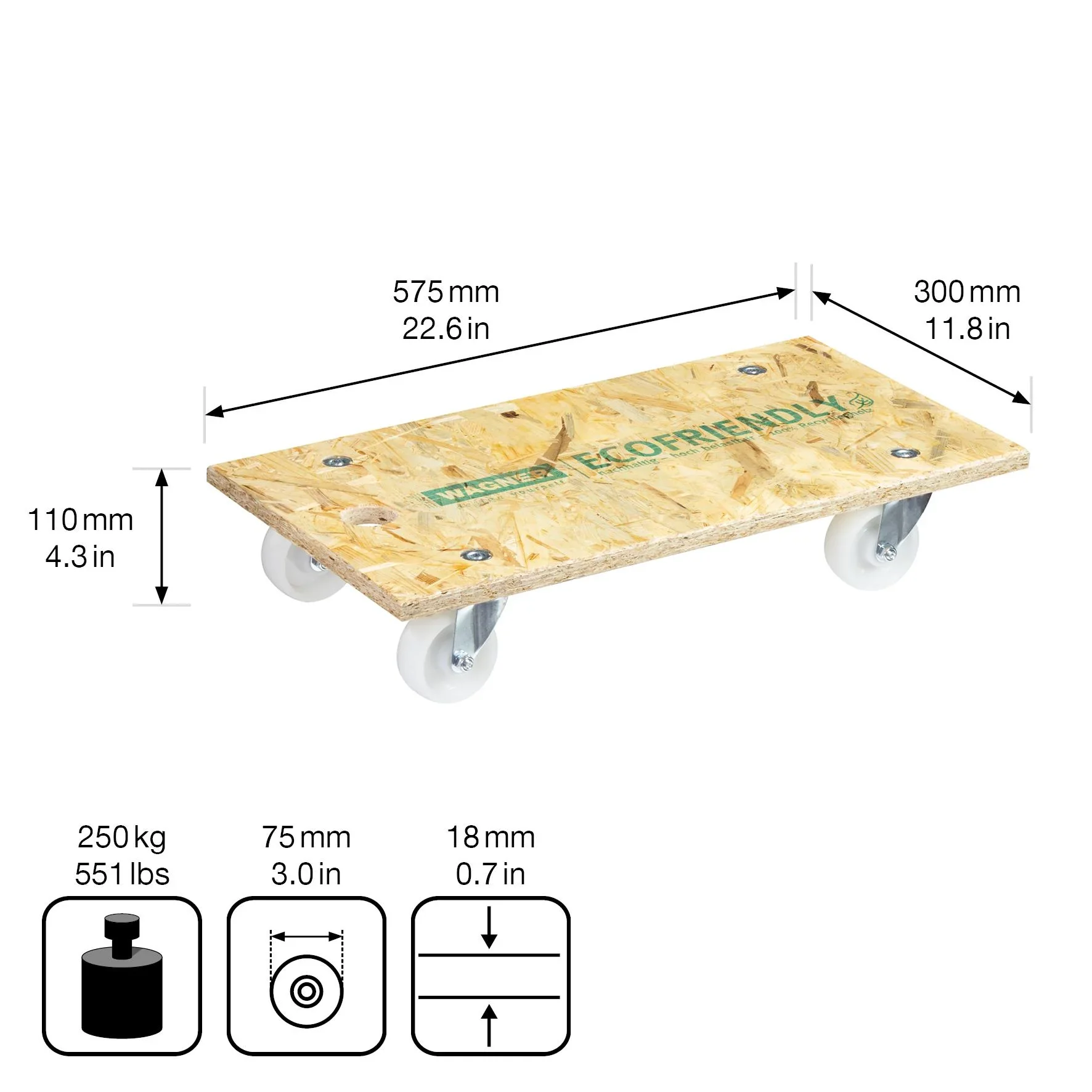 Transporthilfe MM 1141, 57,5 x 30 x 11 cm, harte Rollen Ø 75 mm, Rollenlager, OSB Platte, CO2-neutral, Tragkraft 250 kg - 0