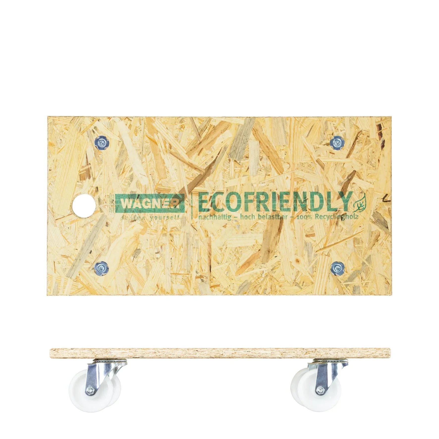 Transporthilfe MM 1141, 57,5 x 30 x 11 cm, harte Rollen Ø 75 mm, Rollenlager, OSB Platte, CO2-neutral, Tragkraft 250 kg - 5