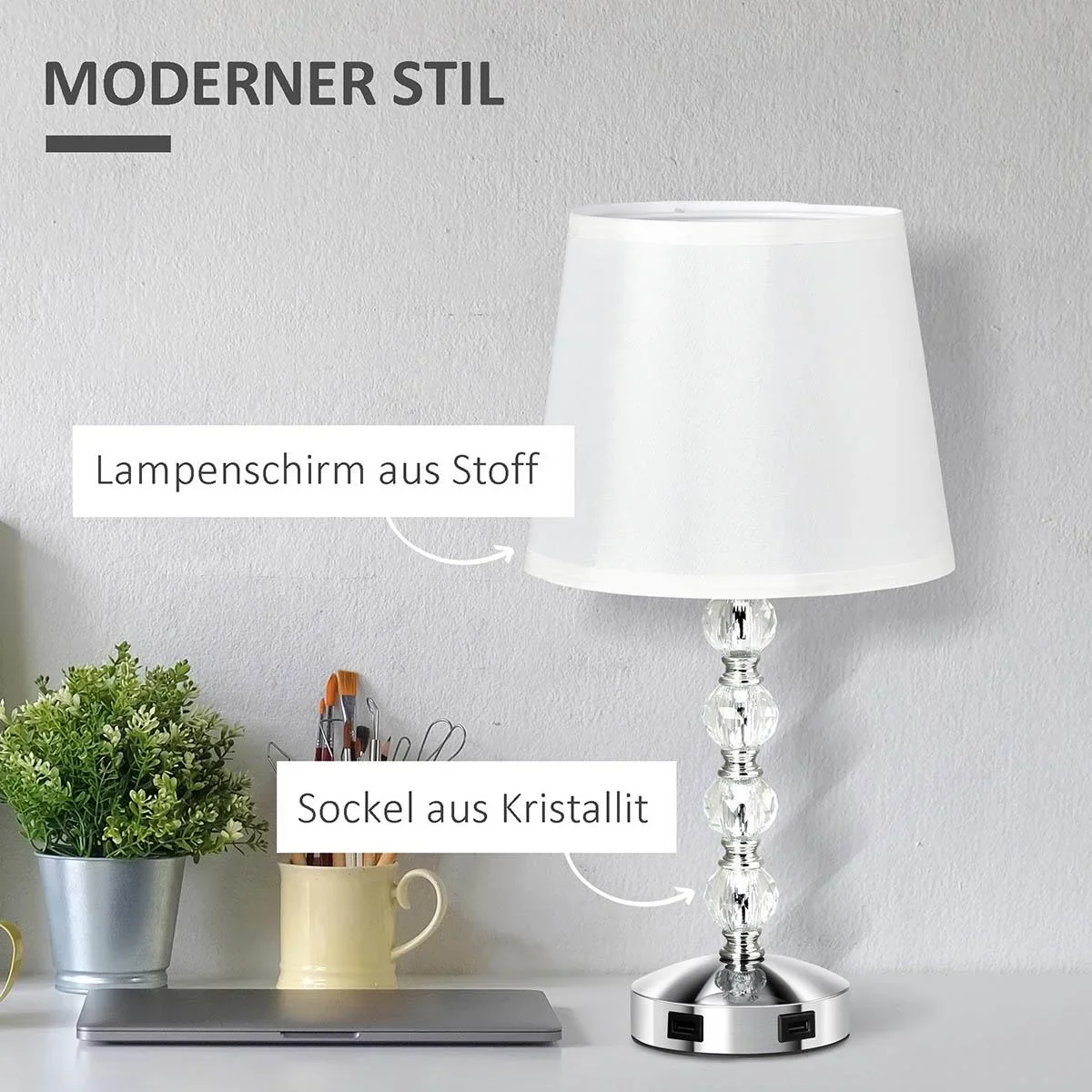 Nachttischlampe Kristall Tischlampe mit Schalter Touch Stoffschirm Tischleuchte E27-Fassung für Wohnzimmer Schlafzimmer - 1