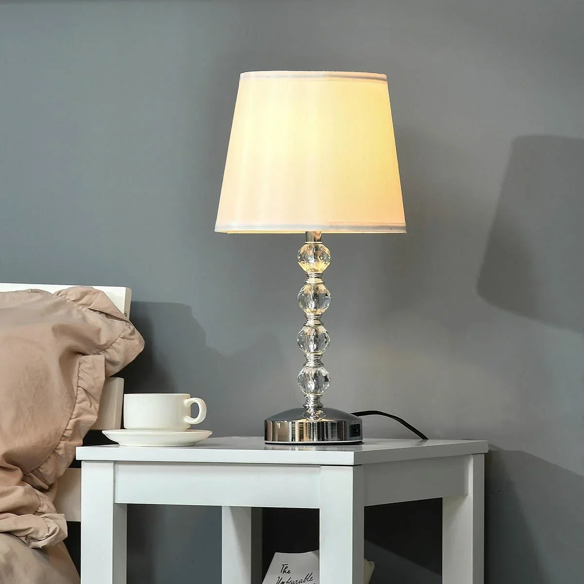 Nachttischlampe Kristall Tischlampe mit Schalter Touch Stoffschirm Tischleuchte E27-Fassung für Wohnzimmer Schlafzimmer - 2