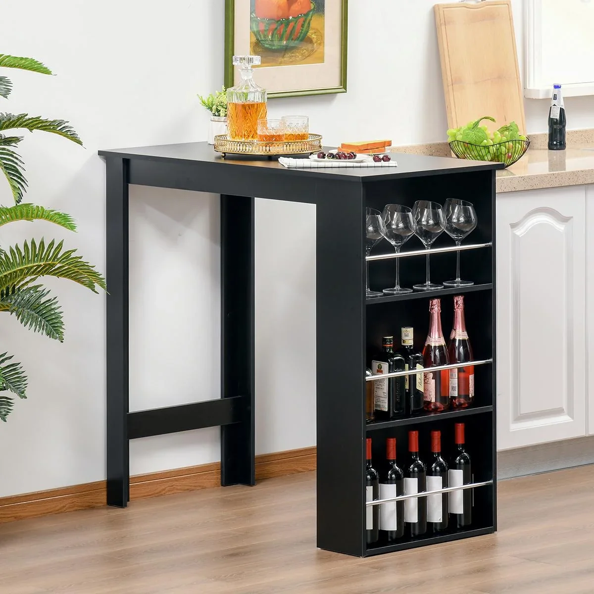 Bartisch moderner Esstisch Schreibtisch mit 3 Ablageflächen Schwarz Spanplatte 112 x 57 x106 cm - 2