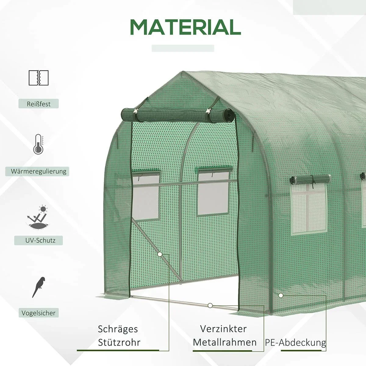 Foliengewächshaus begehbares Polytunnel 3 x 2 m Gewächshaus Treibhaus Frostschutz Stahlrohr Dunkelgrün - 0