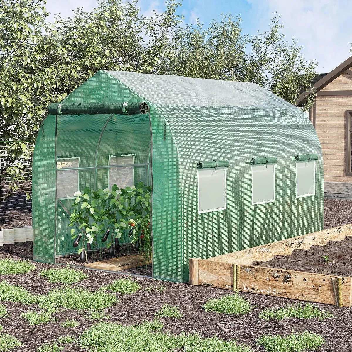 Foliengewächshaus begehbares Polytunnel 3 x 2 m Gewächshaus Treibhaus Frostschutz Stahlrohr Dunkelgrün - 2