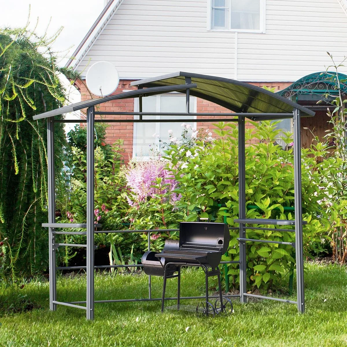 Grillpavillon mit Flammschutzdach, BBQ-Pavillon mit 2 Ablagen Stahl PC Dunkelgrau, 240 x 150 x 230 cm - 0