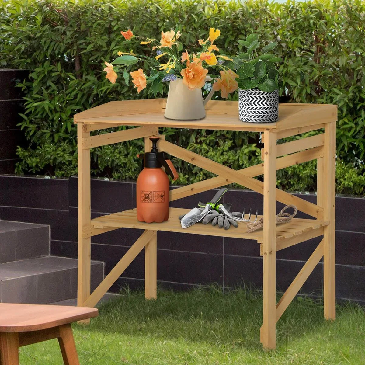 Pflanztisch mit Ablagefläche Blumentisch Gärtnertisch Garten Holz Hellbraun 80 x 40 x 84 cm - 1