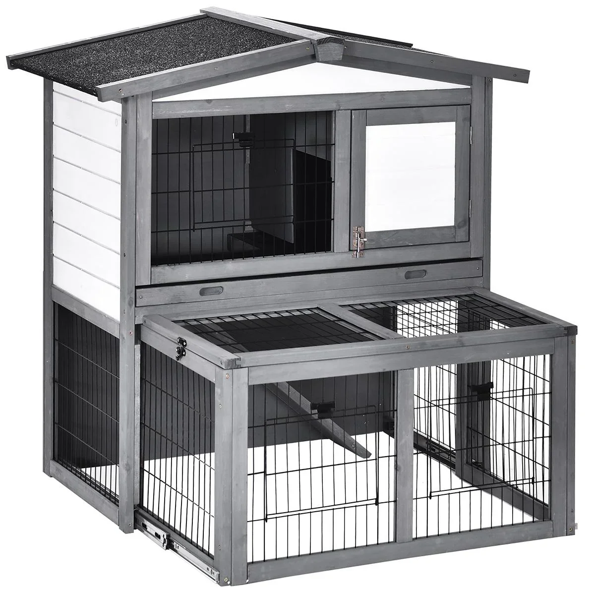 Kaninchenhaus Kaninchenstall Stall mit Rampe für Meerschweinchen Hasen mit Freilauf Tannenholz Grau+Weiß 101,5 x 90 x 10 - 0