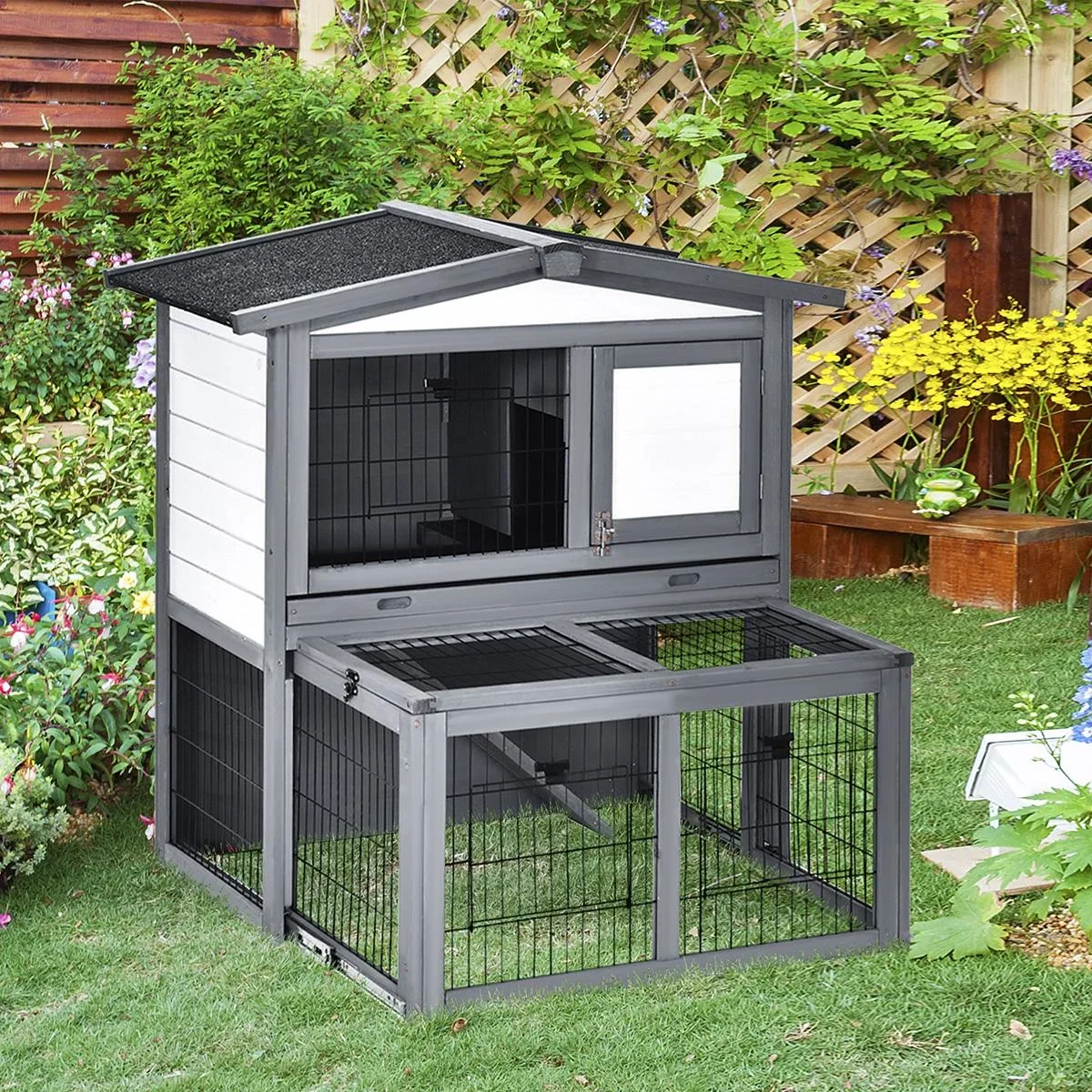 Kaninchenhaus Kaninchenstall Stall mit Rampe für Meerschweinchen Hasen mit Freilauf Tannenholz Grau+Weiß 101,5 x 90 x 10 - 1