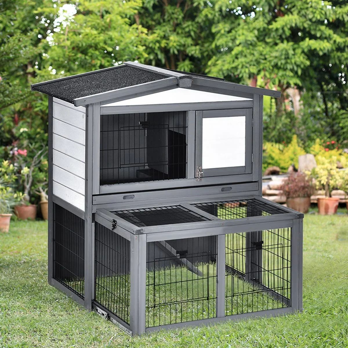 Kaninchenhaus Kaninchenstall Stall mit Rampe für Meerschweinchen Hasen mit Freilauf Tannenholz Grau+Weiß 101,5 x 90 x 10 - 2