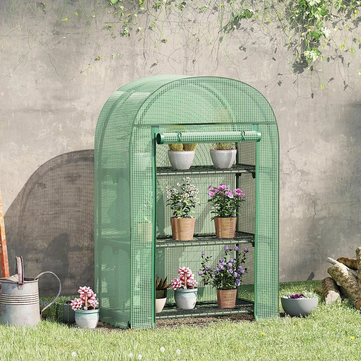 Foliengewächshaus Balkon mit 3 Regalen Mini-Gewächshaus Tomatenhaus Pflanzenhaus Frühbeet Metall grün 80 x 49 x 120 cm - 0