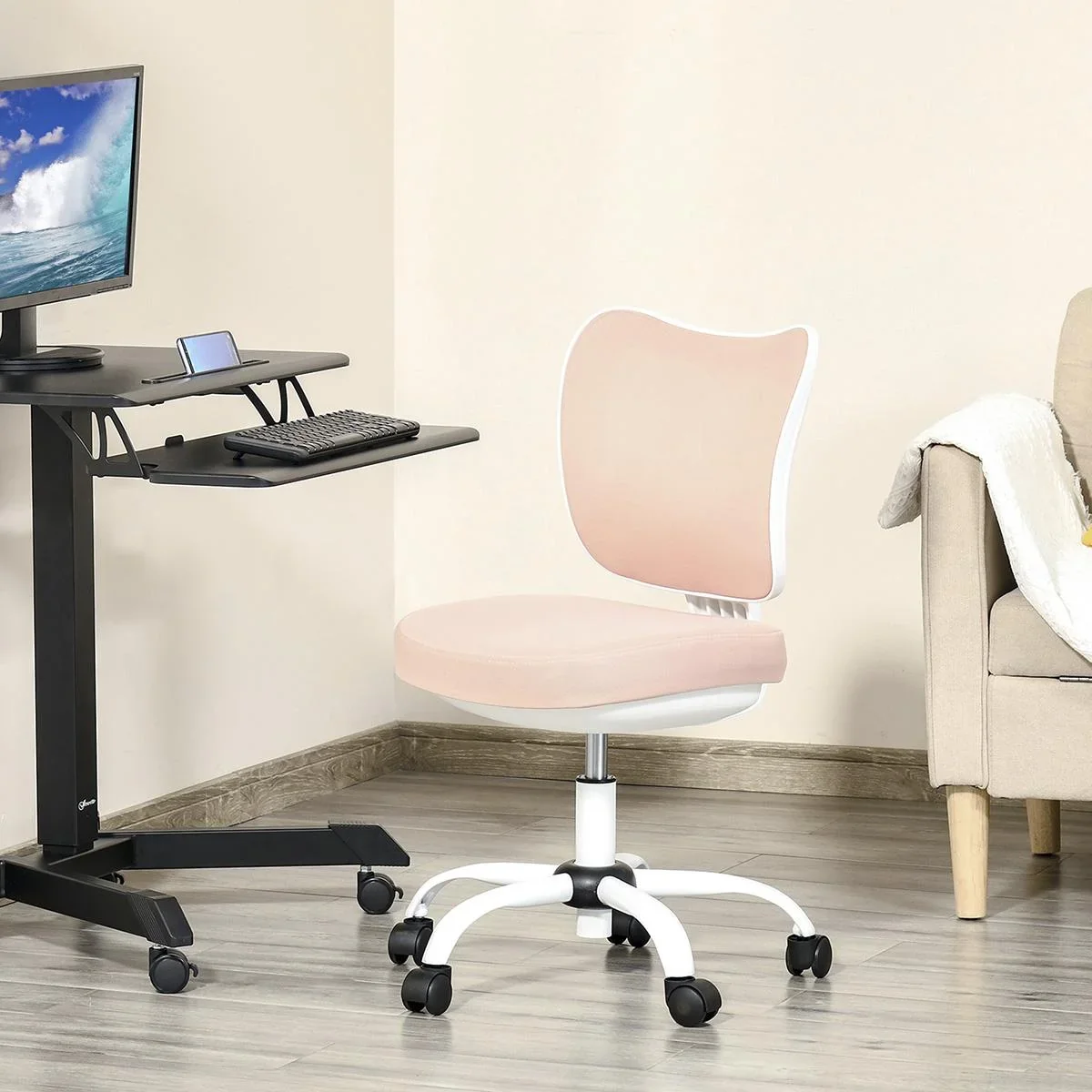 Bürostuhl Drehstuhl Liegefunktion Bürosessel ohne Armlehnen Höhenverstellbar Schaumstoff ABS Metall Weiß+Rosa 46 x 51 x - 0