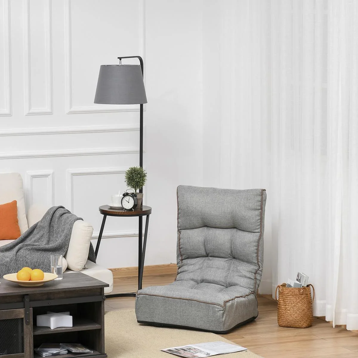 Bodenstuhl Bodensessel Sitzkissen Rückenlehne verstellbar für Wohnzimmer Büro modern Grau 60 x 90 x 73 cm - 0