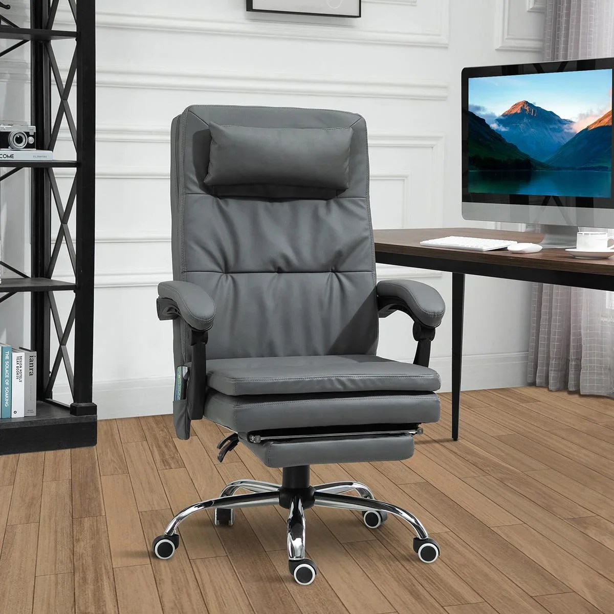 Massagesessel Chefsessel mit Massagefunktion 7 Vibrationsmassagepunkte höhenverstellbarer Bürostuhl mit Fußstütze Kopfst - 0