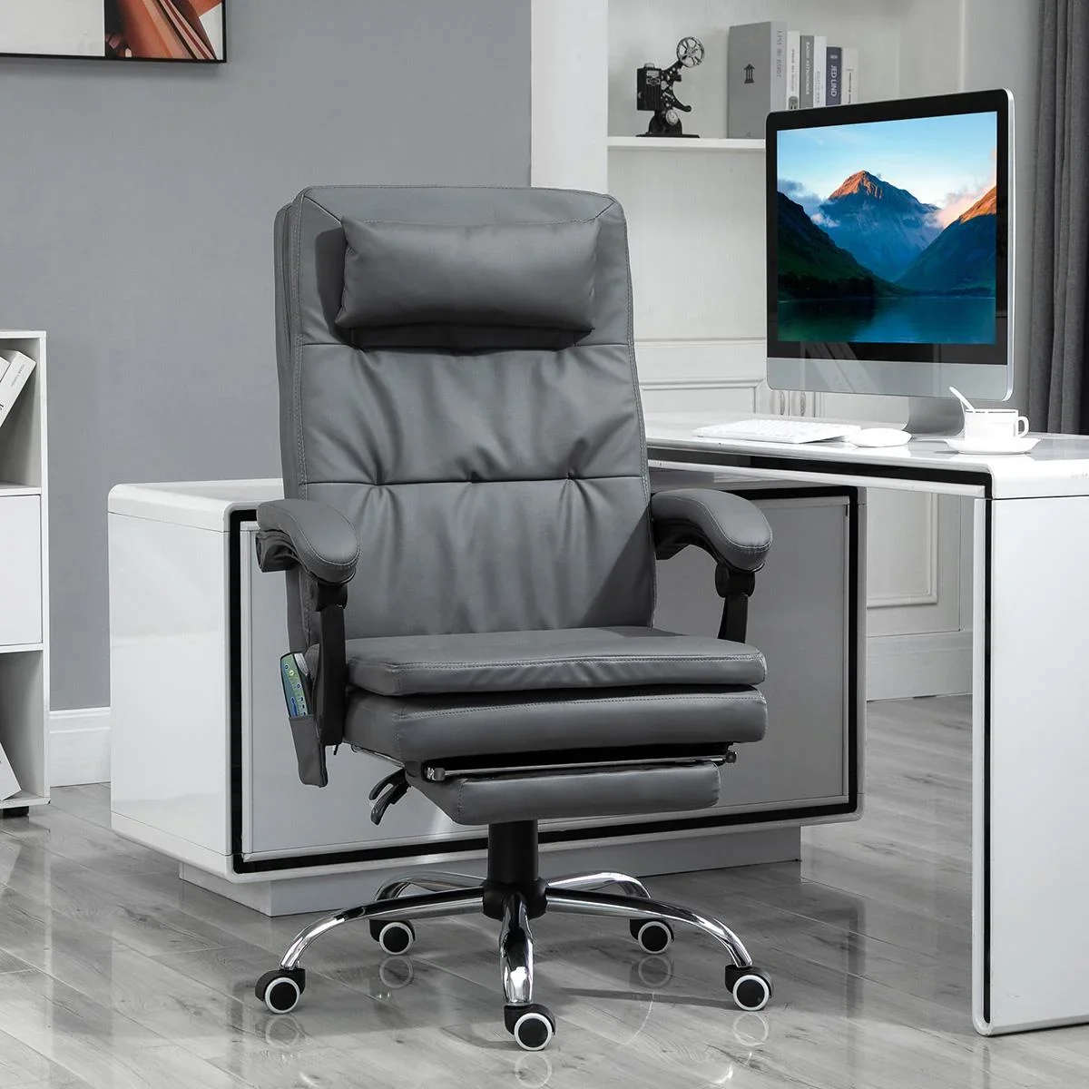 Massagesessel Chefsessel mit Massagefunktion 7 Vibrationsmassagepunkte höhenverstellbarer Bürostuhl mit Fußstütze Kopfst - 1