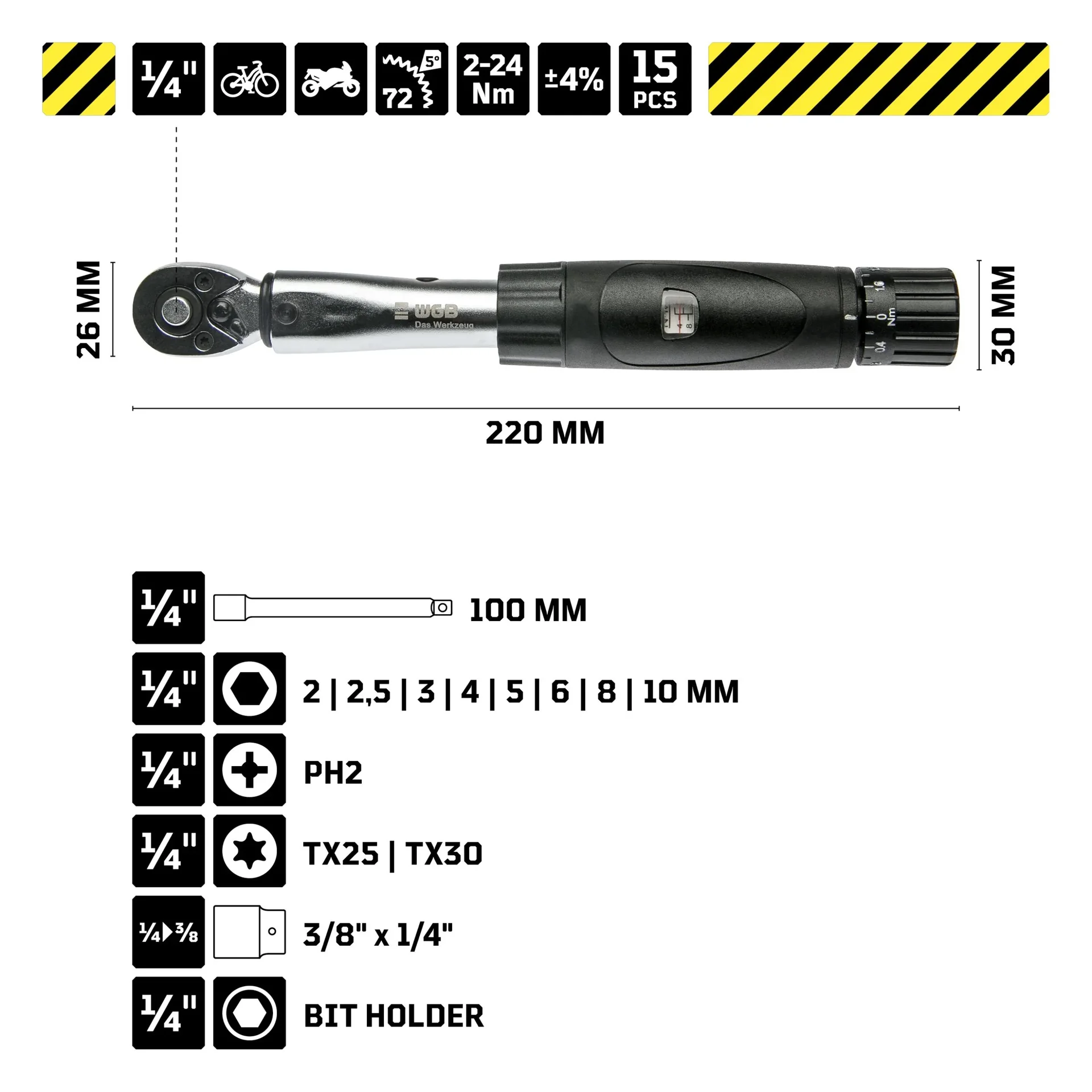 Fahrrad-Drehmomentschlüssel - 2 - 24 Nm - 15 teilig - 0